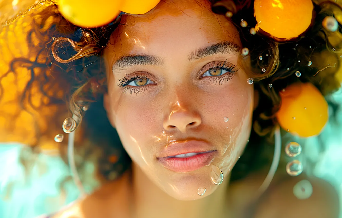 Photo wallpaper look, water, girl, light, bubbles, face, pose, orange