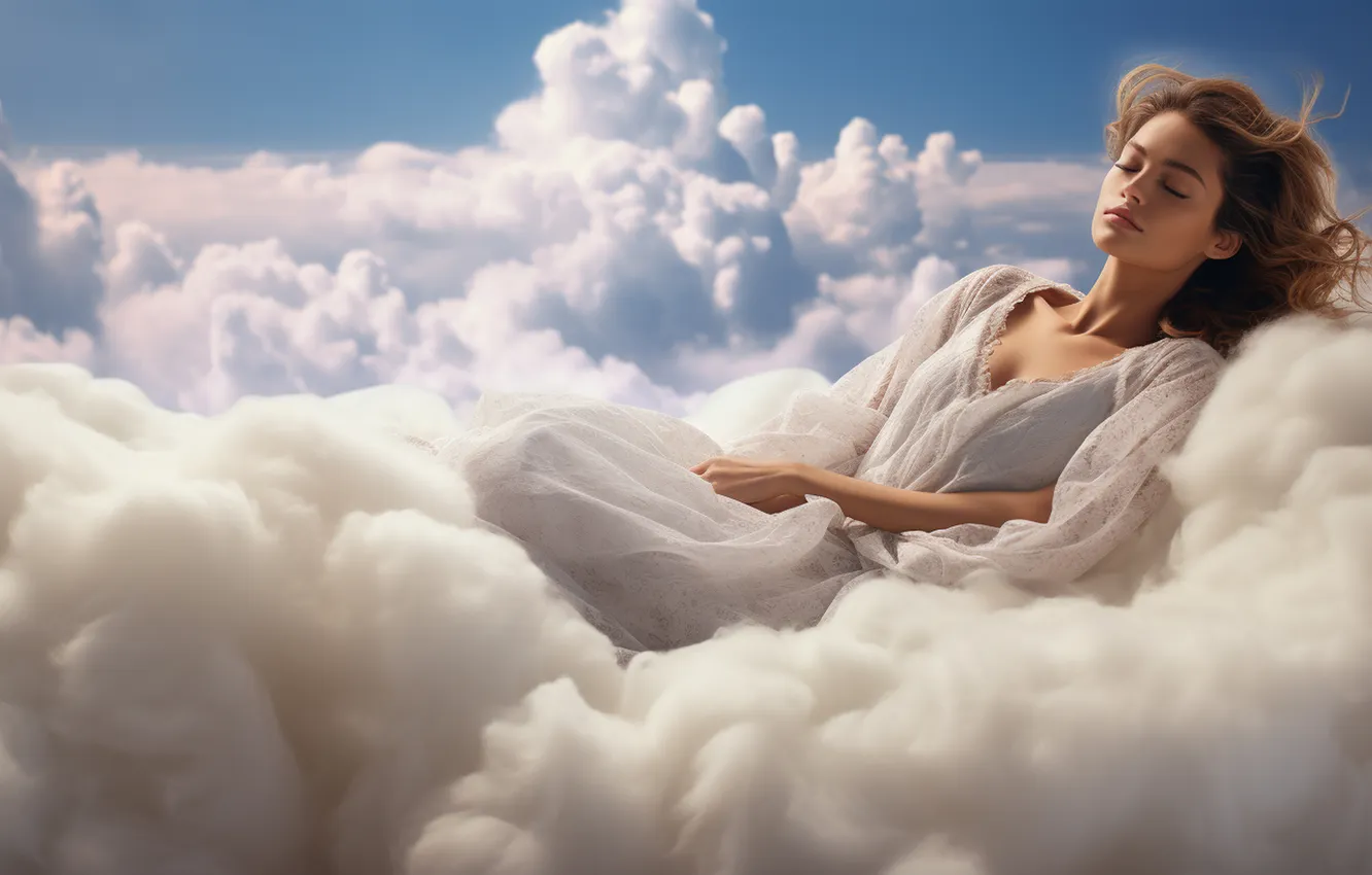 Photo wallpaper chest, the sky, girl, clouds, dreams, face, blue, fantasy