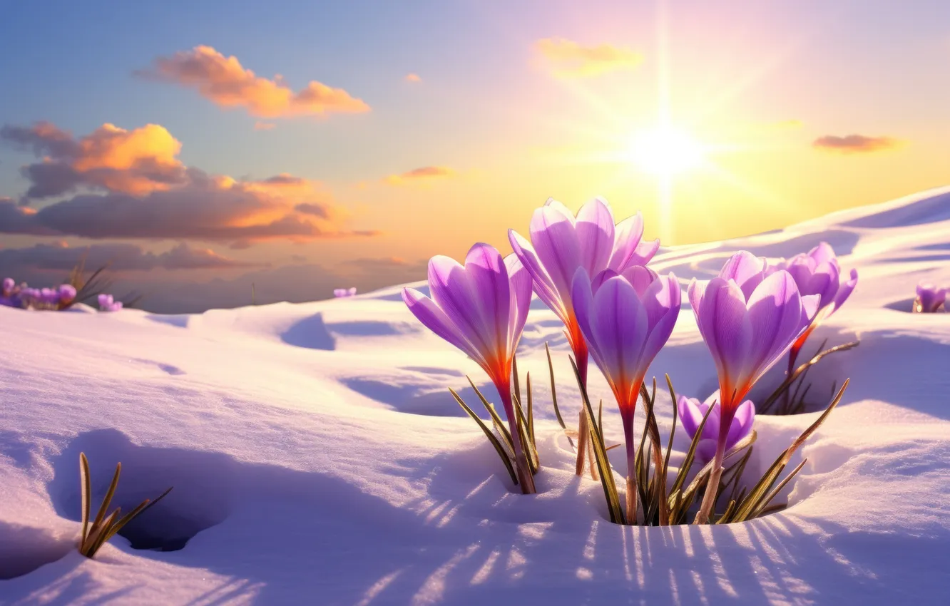 Photo wallpaper the sun, light, snow, flowers, glade, spring, crocuses, pink