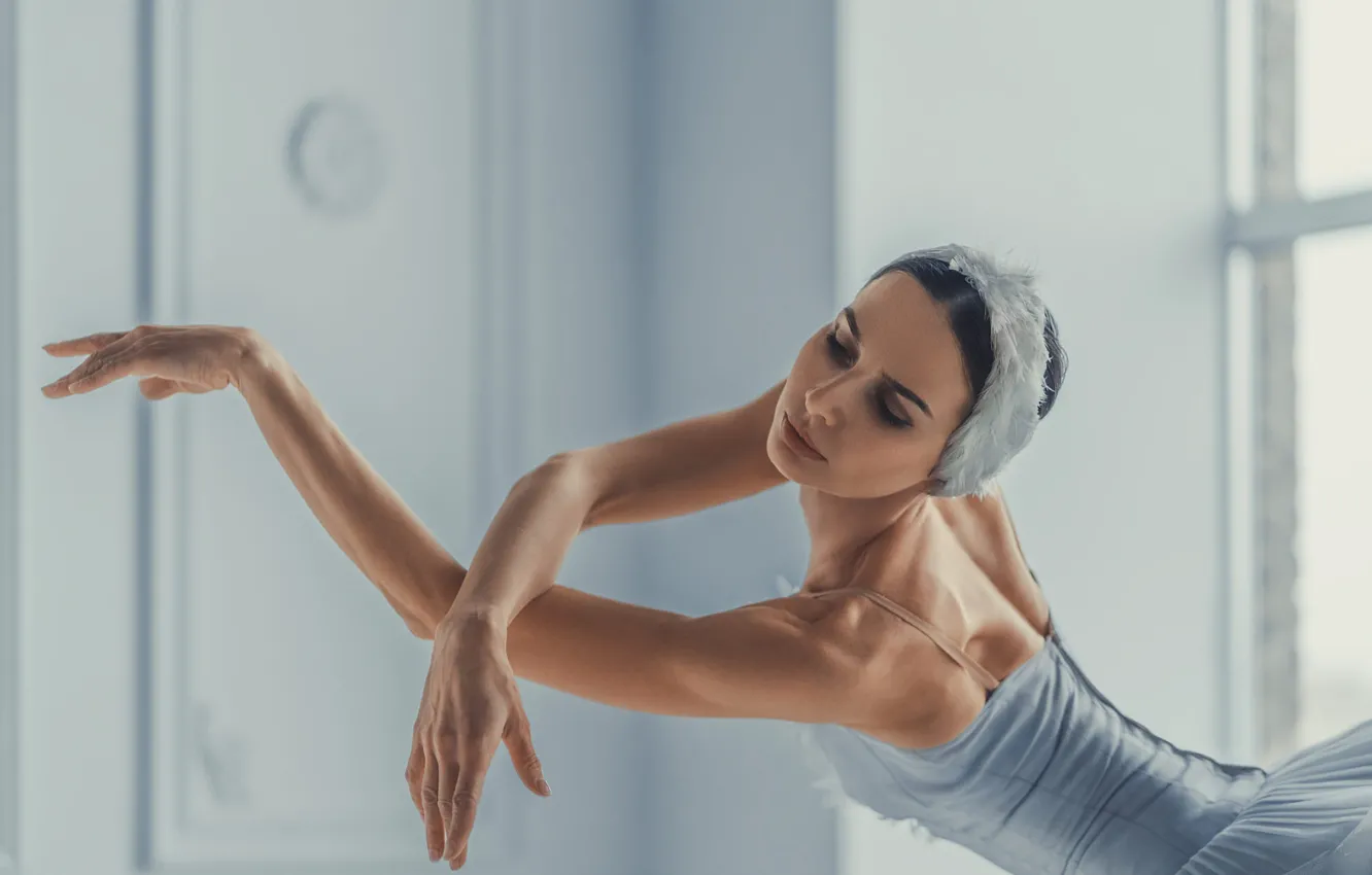 Photo wallpaper girl, pose, back, portrait, dance, hands, dress, window