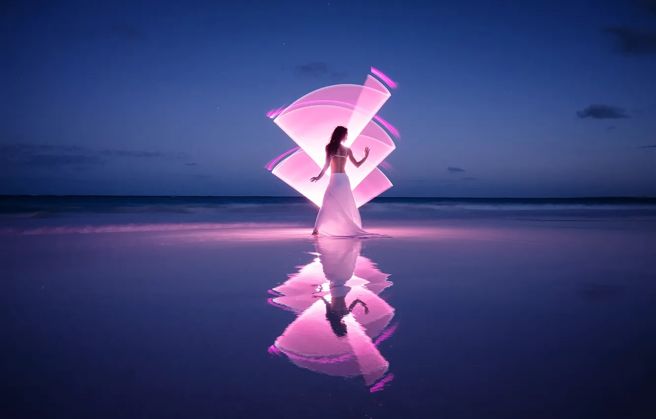 Photo wallpaper wave, girl, light, shore, Light-painting at the pink sand beach