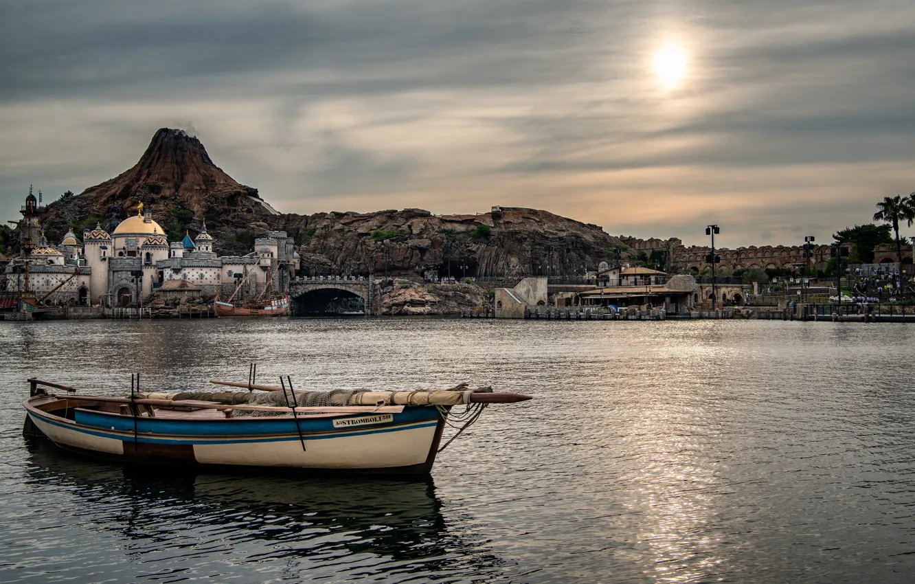 Photo wallpaper the city, boat, pond