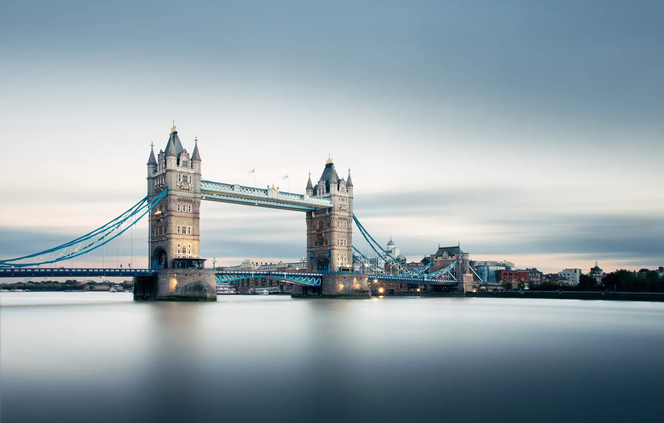 Photo wallpaper the sky, bridge, the city, river, overcast, shore, England, London