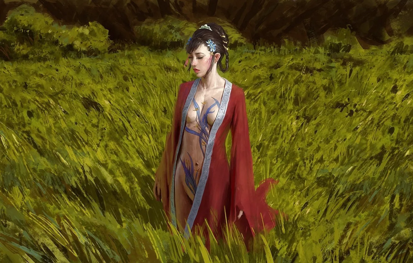 Photo wallpaper sadness, loneliness, meadow, Asian, beautiful girl, loneliness, sadness, tall grass