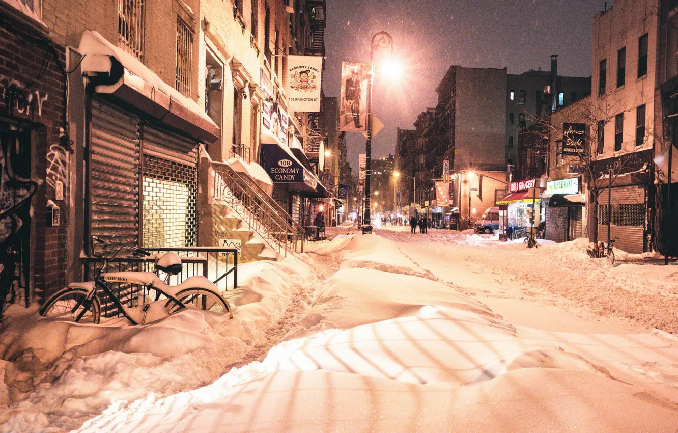 Photo wallpaper light, night, New York, winter, snow
