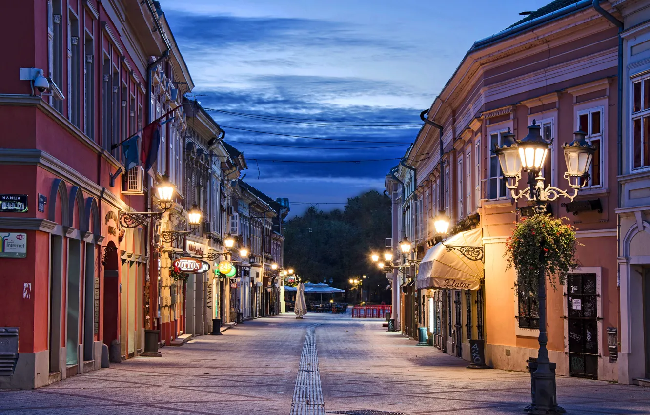 Photo wallpaper road, the sky, clouds, trees, lights, street, home, the evening