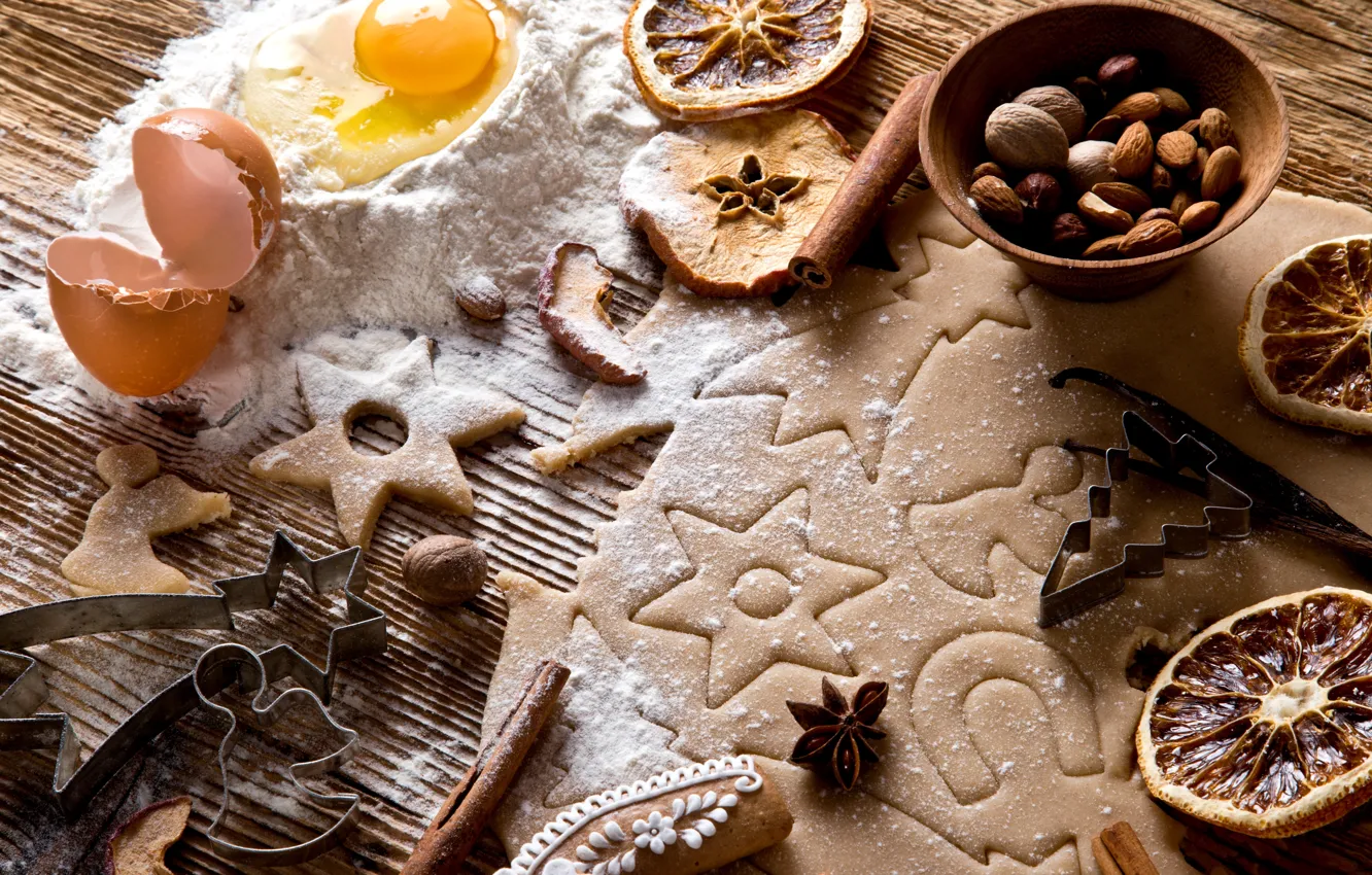 Photo wallpaper apples, new year, orange, eggs, cookies, Christmas, nuts, cinnamon
