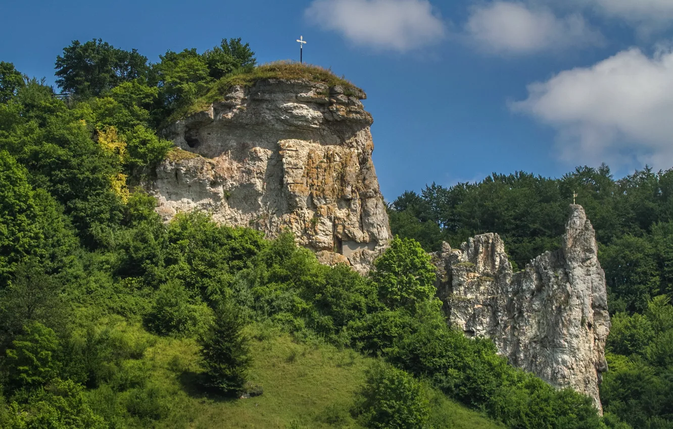 Photo wallpaper landscape, nature, rocks, cross, Germany, Bayern