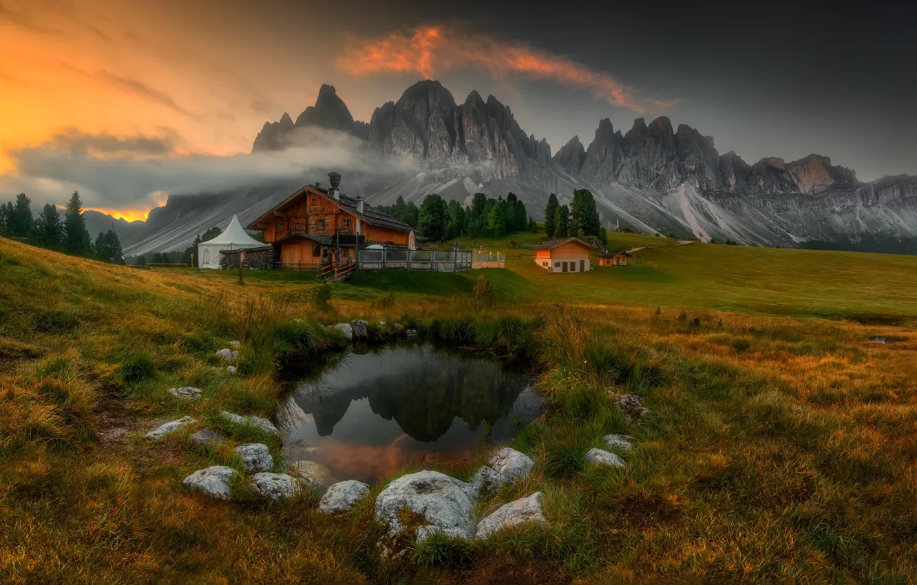 Photo wallpaper grass, clouds, landscape, mountains, nature, stones, home, Italy