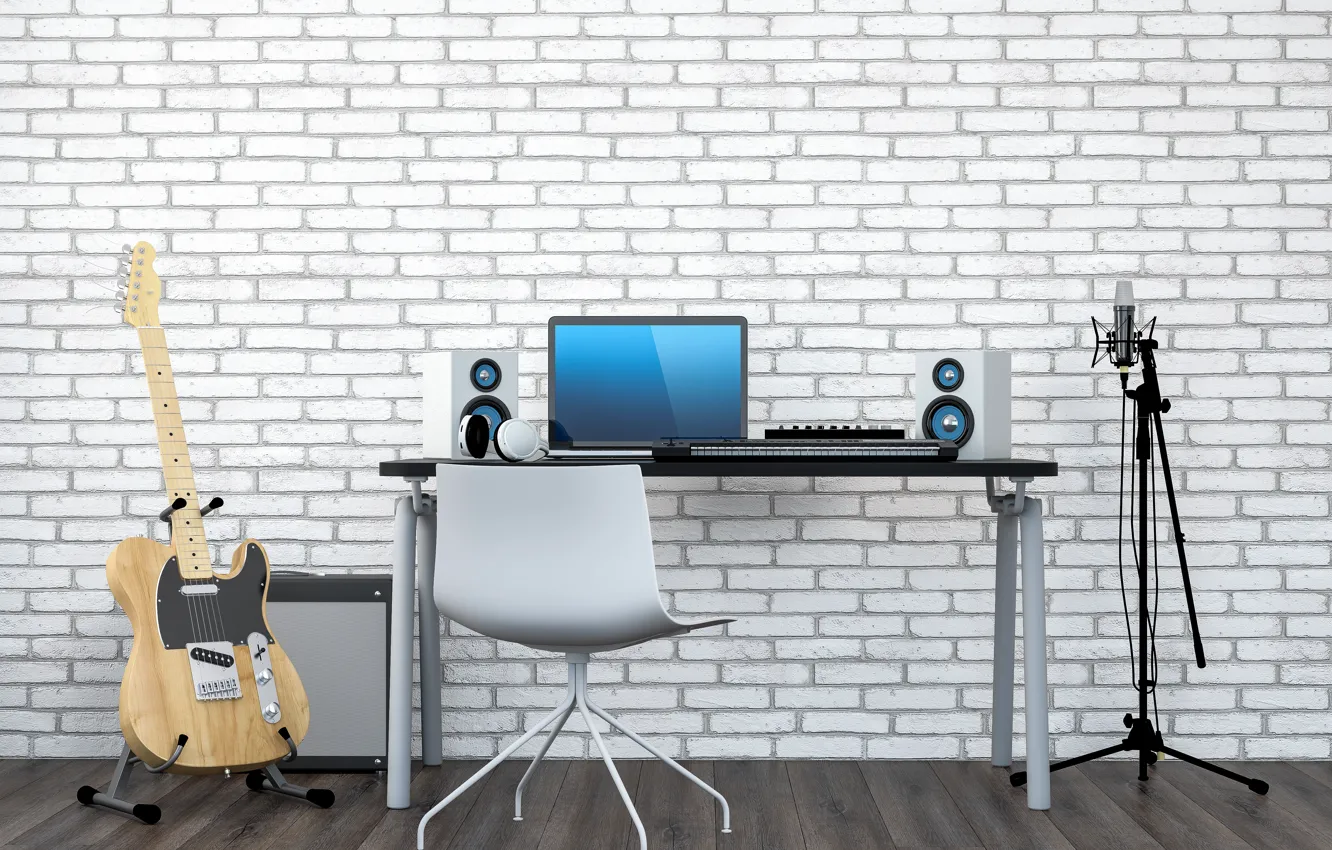 Photo wallpaper music, table, wall, guitar, brick, headphones, speakers, chair