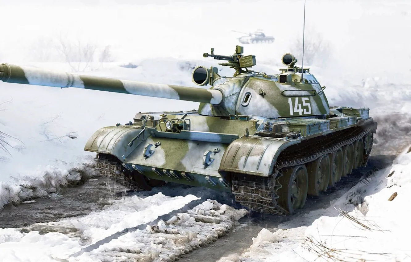 Photo wallpaper snow, figure, Soviet medium tank, T-54B