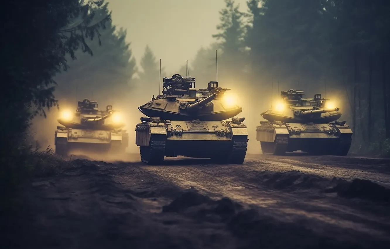 Photo wallpaper forest, trees, lights, the evening, tank, digital art, AI art, The Art of Artificial Intelligence