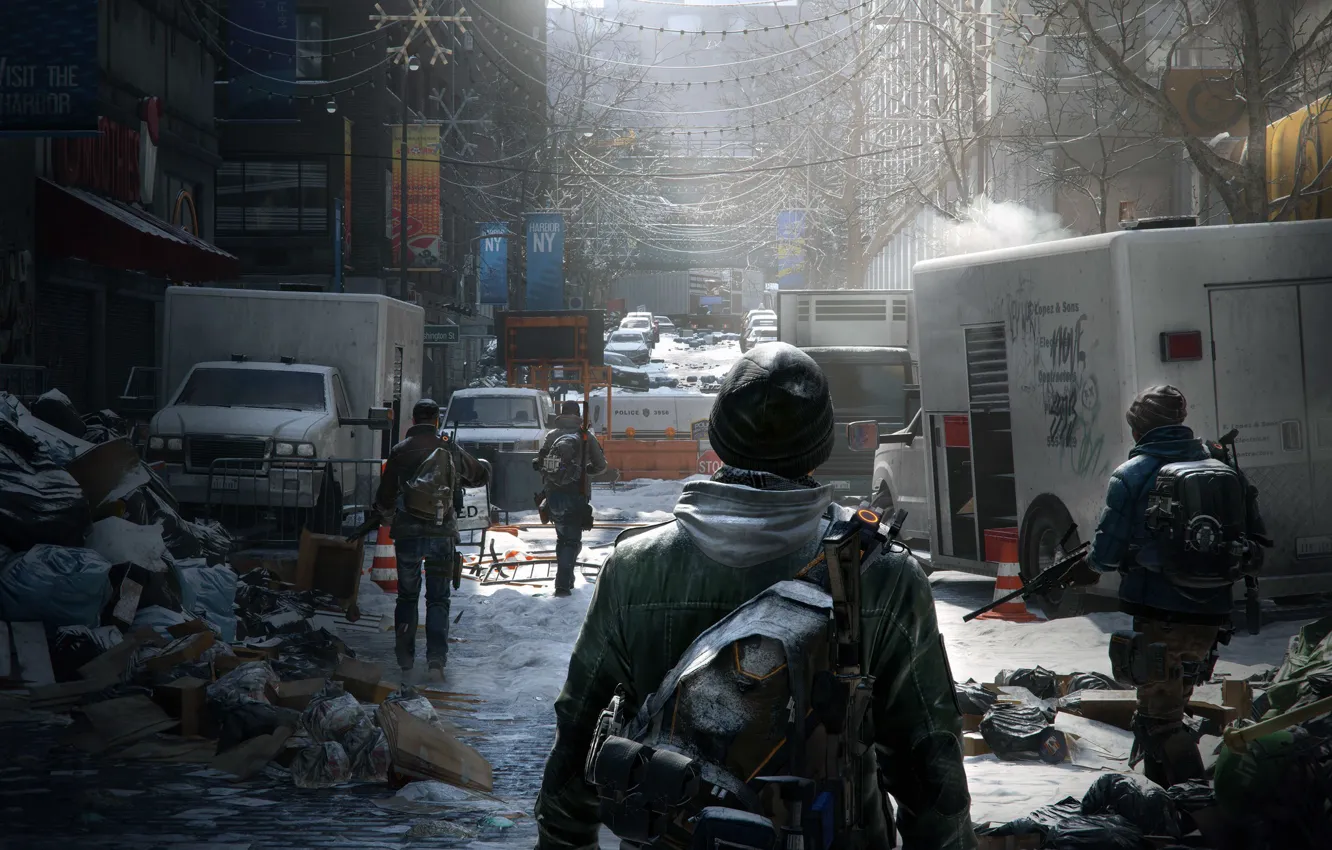 Photo wallpaper Winter, Game, Snow, The building, Soldiers, Weapons, Ubisoft, Game