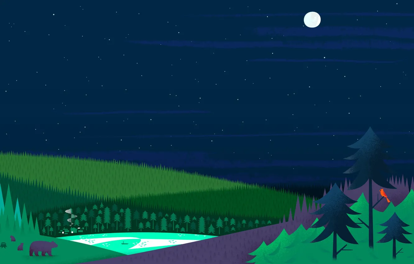 Photo wallpaper forest, stars, lake, the moon, tree, home, bear, GOOGLE NOW