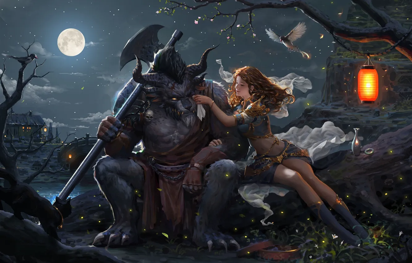 Photo wallpaper girl, night, fantasy, the moon, monster, art, flashlight