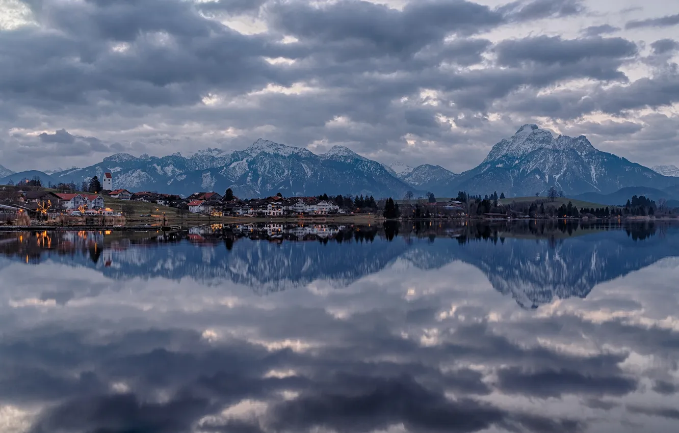 Photo wallpaper the sky, light, trees, mountains, clouds, lights, reflection, home