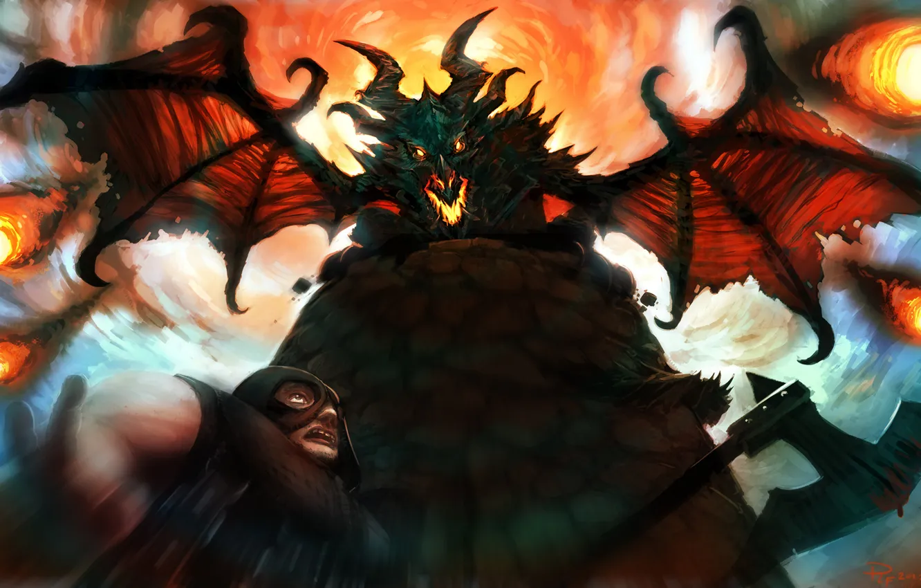 Photo wallpaper dragon, people, tower, monster, art, soldiers, axe