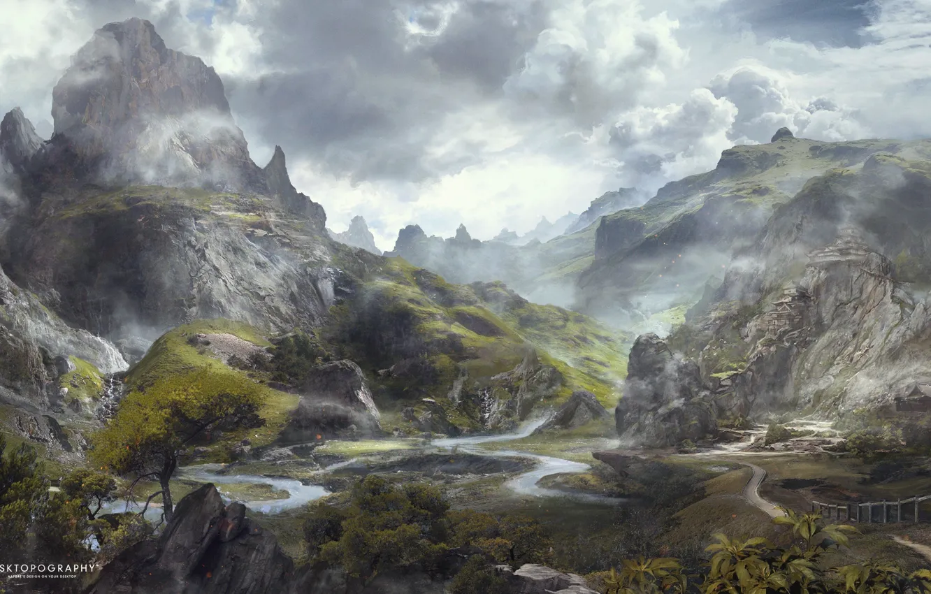 Photo wallpaper road, river, desktopography, mountains, temple, Sweet Home