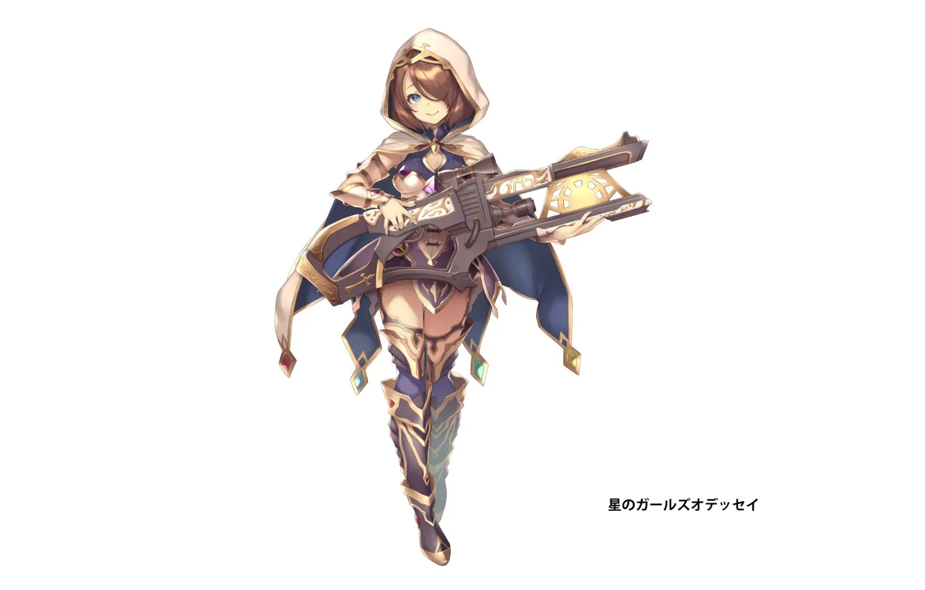 Photo wallpaper smile, hood, girl, white background, cloak, high boots, super-weapons