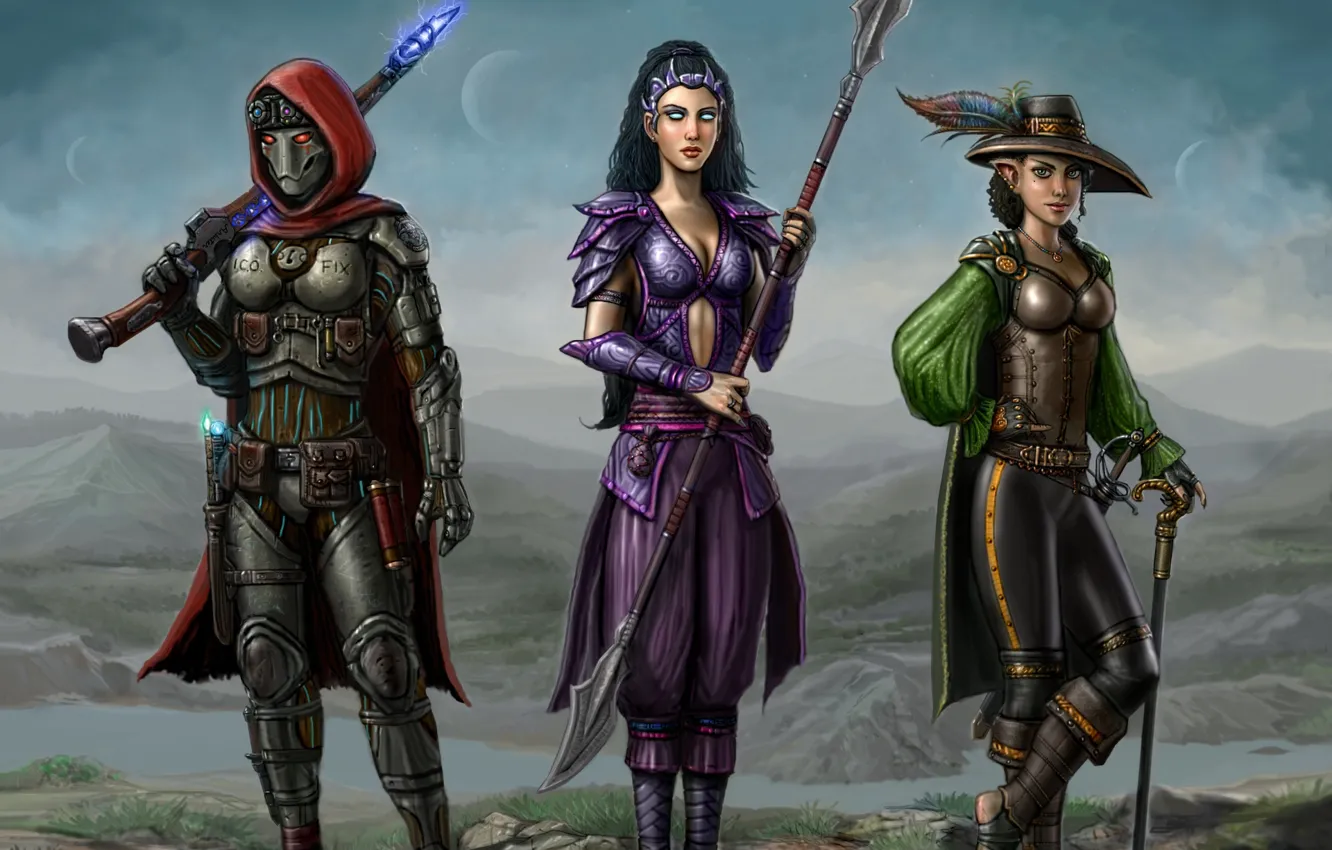 Photo wallpaper girl, fiction, elf, sword, hat, cane, helmet, spear