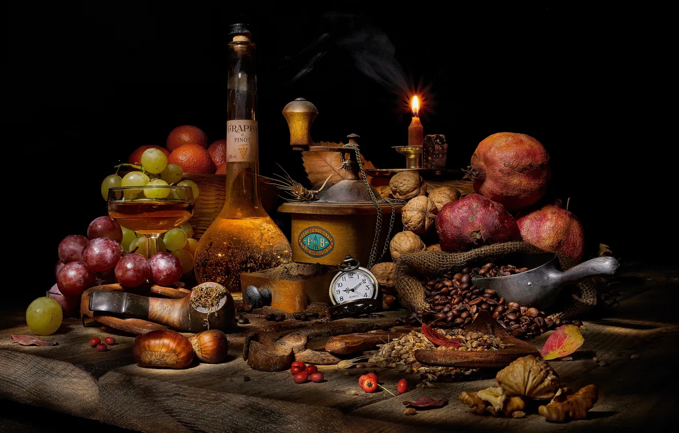 Photo wallpaper berries, Board, watch, glass, bottle, coffee, orange, food