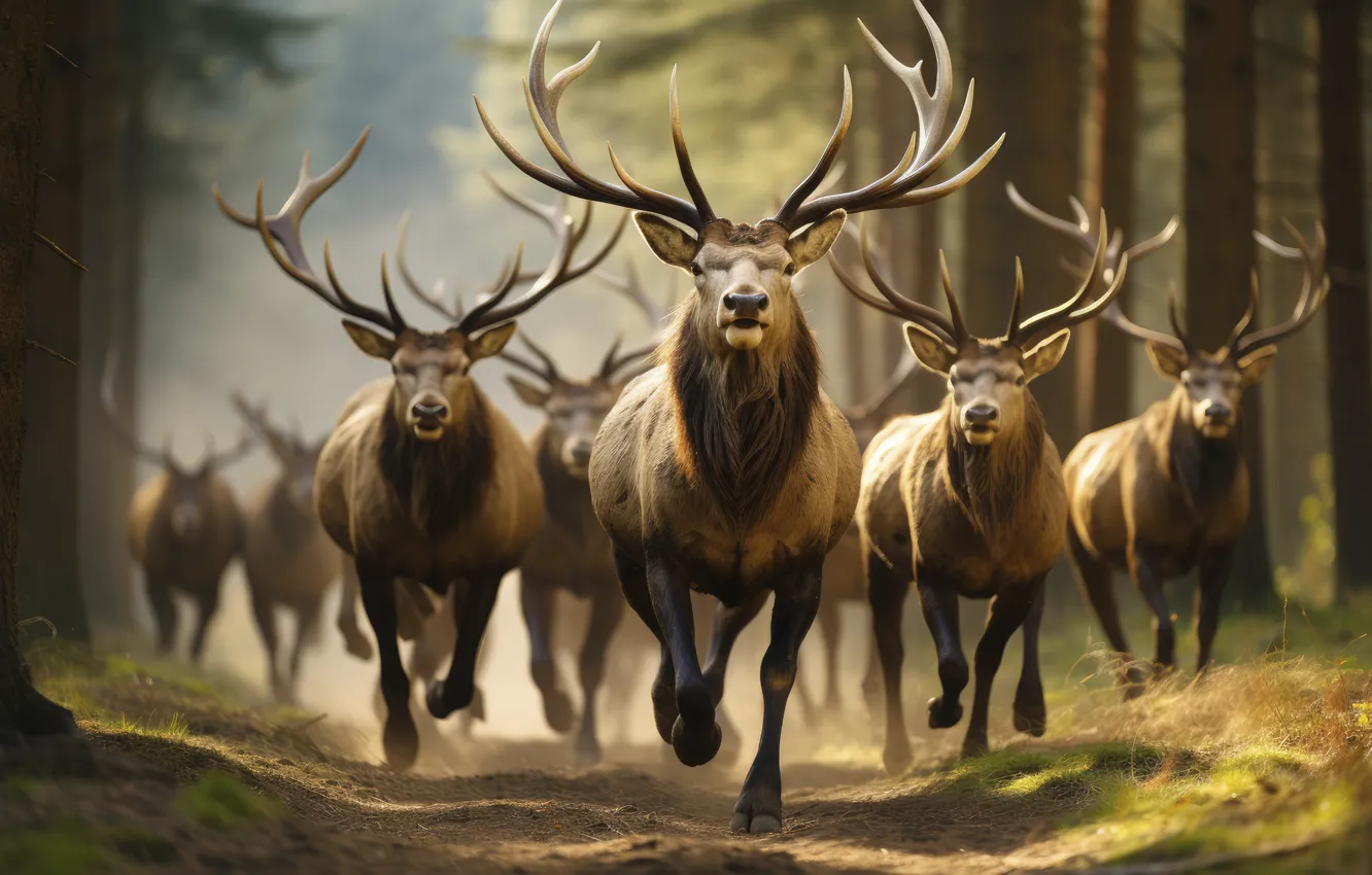 Photo wallpaper forest, nature, deer, running, the herd, AI art, neural network