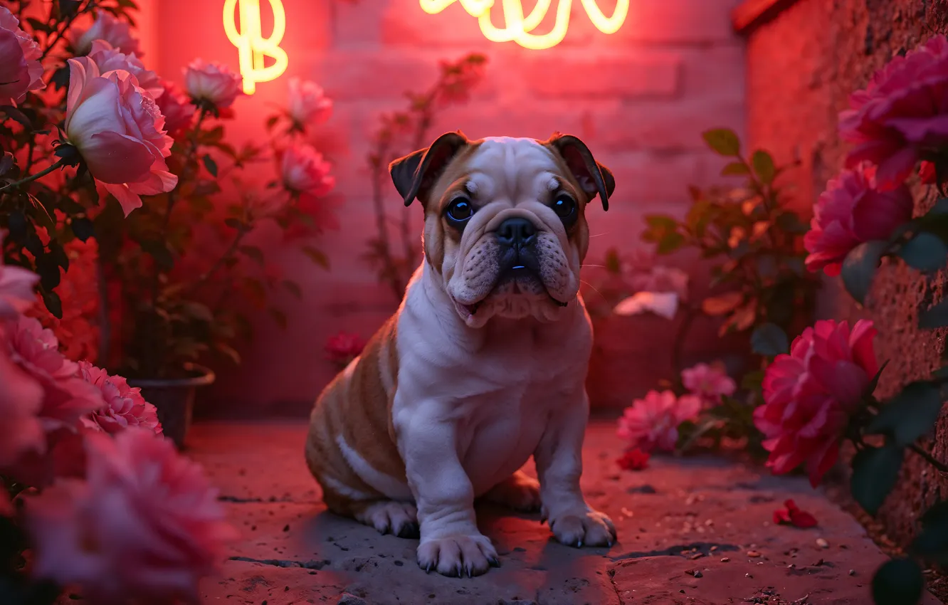 Photo wallpaper look, flowers, lights, pose, wall, roses, dog, puppy