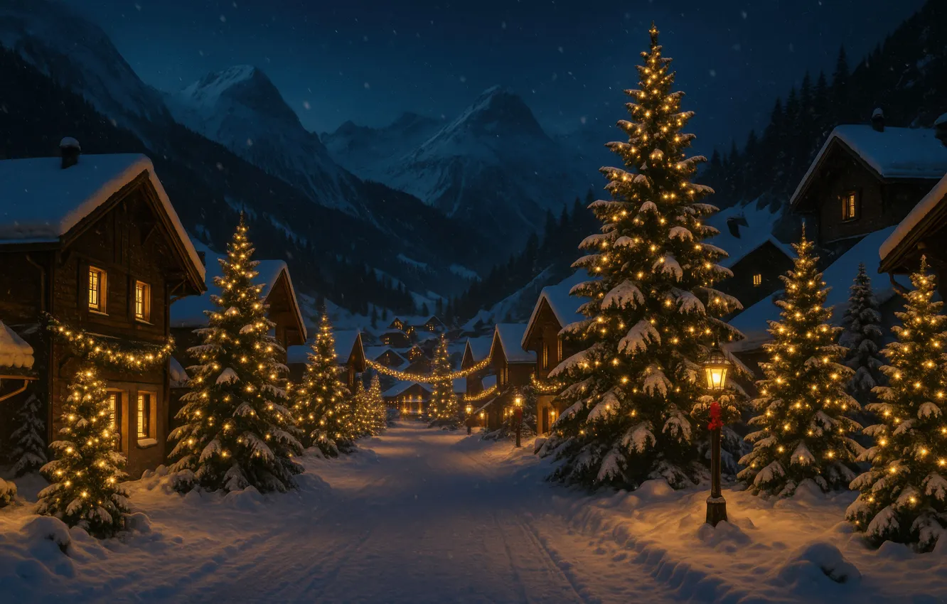 Photo wallpaper winter, snow, lights, new year, Christmas, the light in the Windows, AI art, neural network