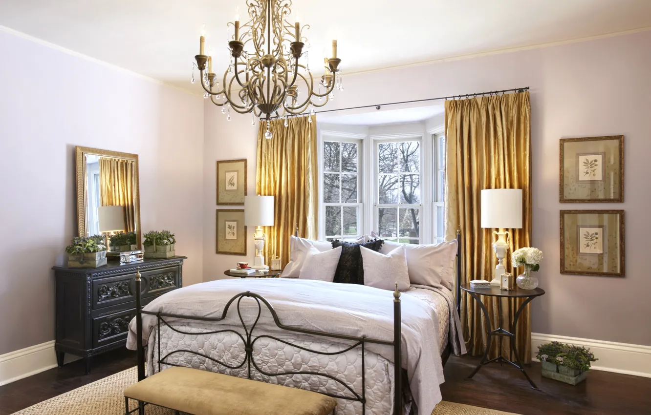 Photo wallpaper room, bed, interior, mirror, window, chandelier, curtains, mansion