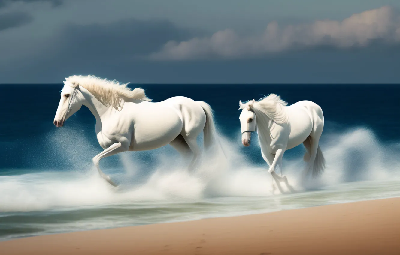 Photo wallpaper Sand, Sea, Running, Horse, Horses, Two, White, Coast