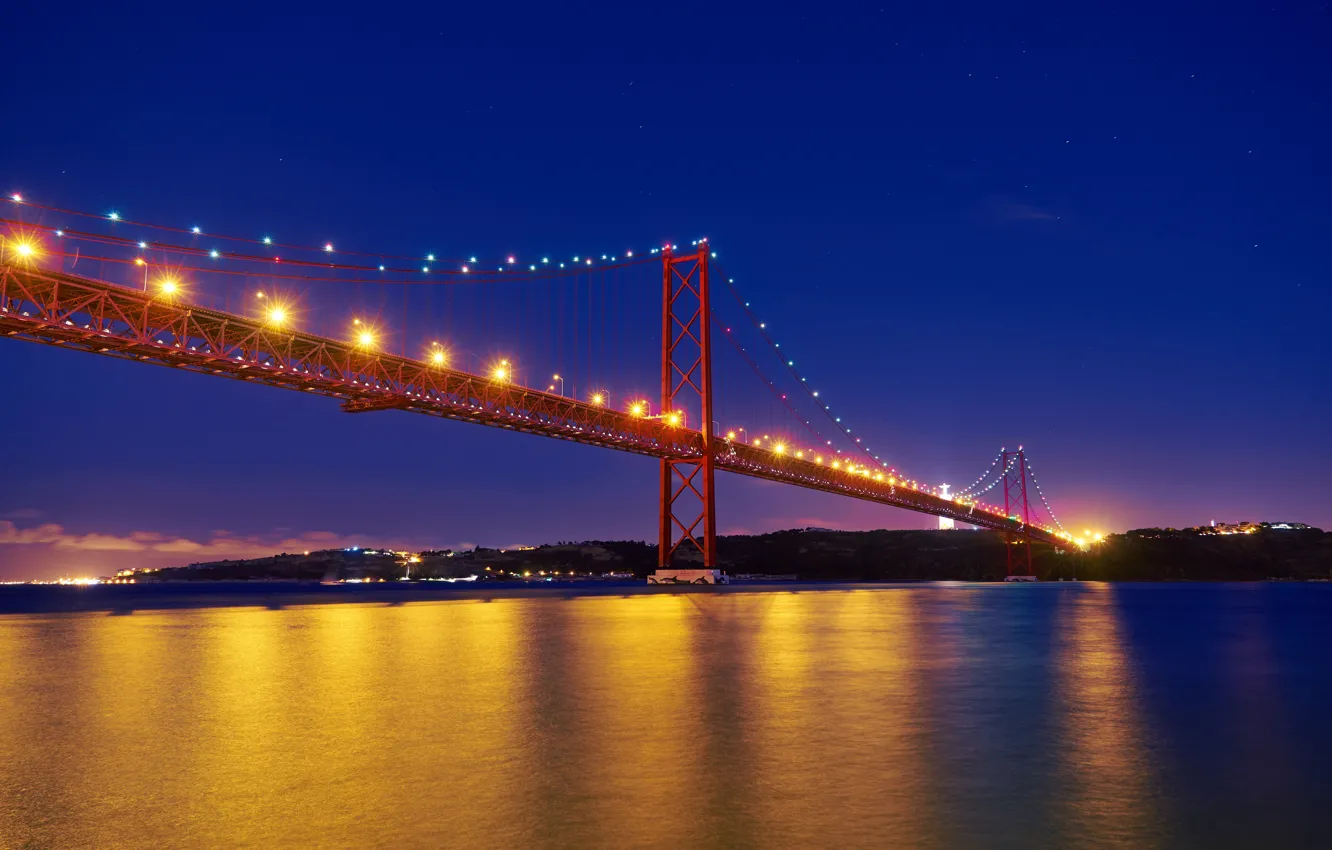 Photo wallpaper night, lights, Portugal, the Tagus river, bridge 25 Abril