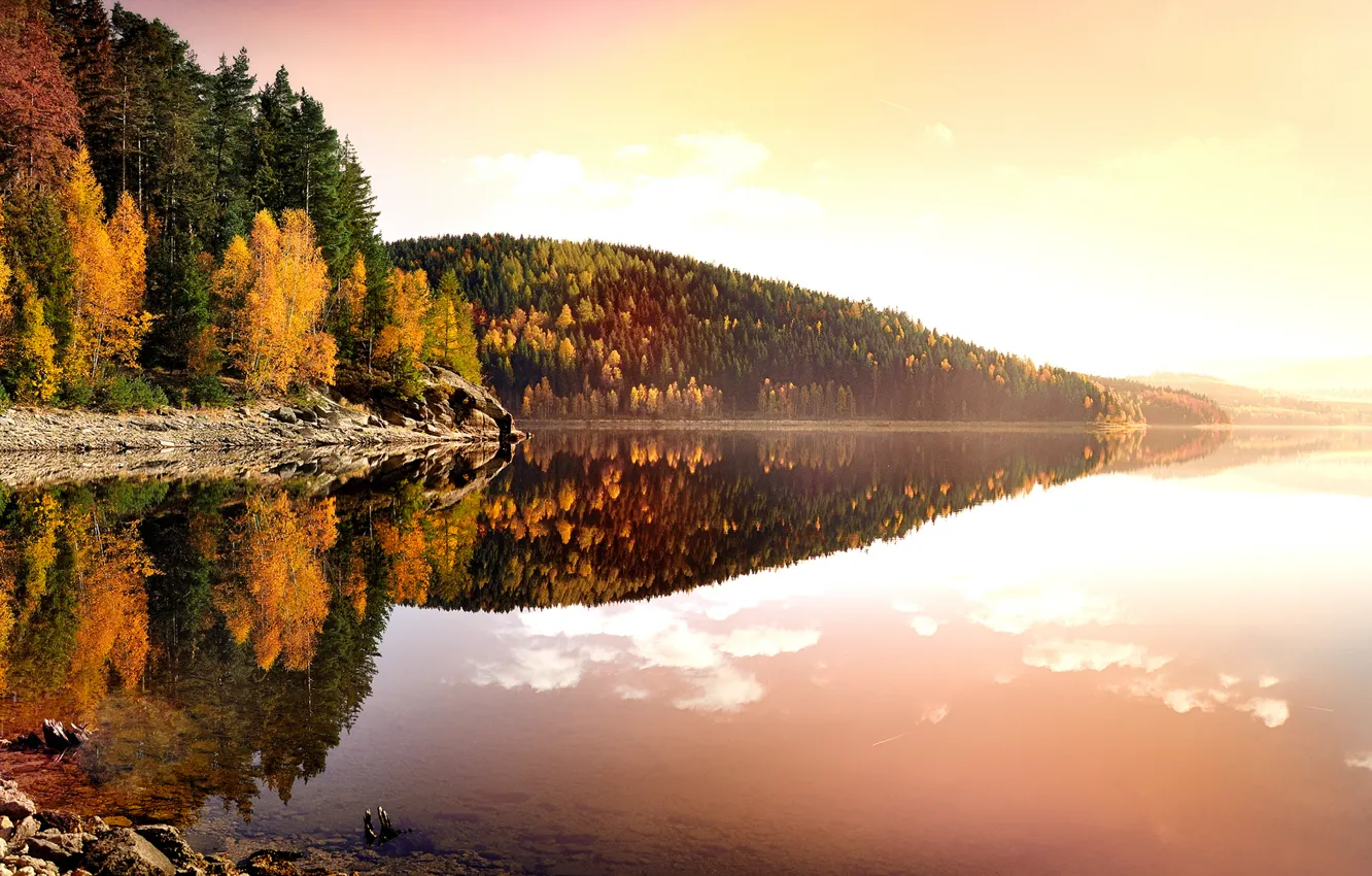 Photo wallpaper autumn, leaves, water, trees, landscape, sunset, nature, lake