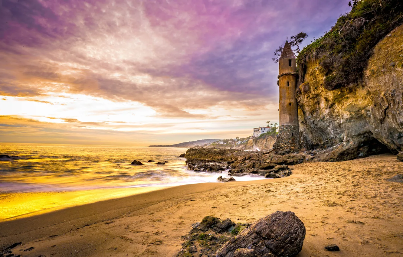Photo wallpaper beach, landscape, sunset, nature, stones, the ocean, rocks, shore