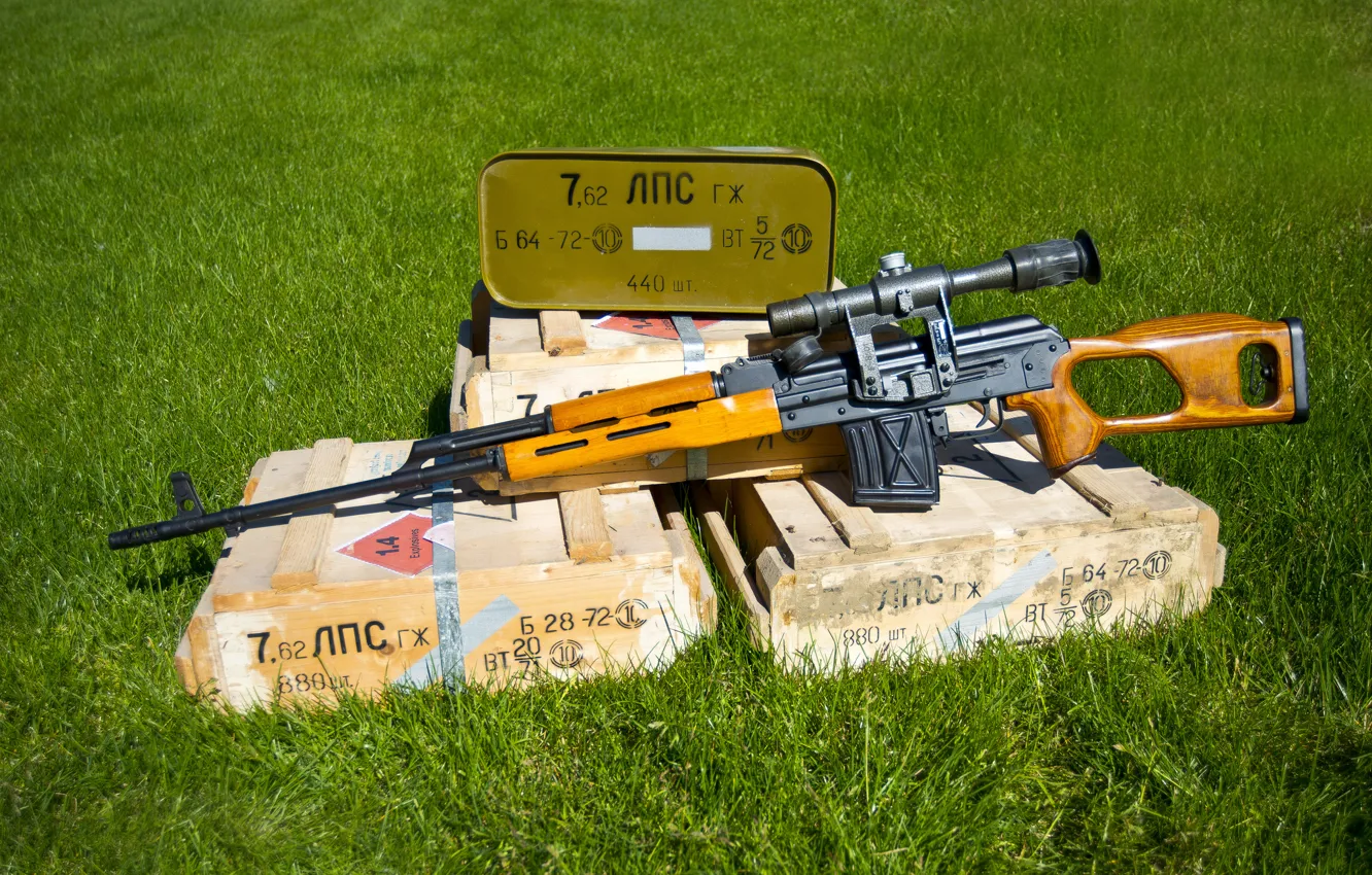 Photo wallpaper grass, box, sniper rifle, Dragunov
