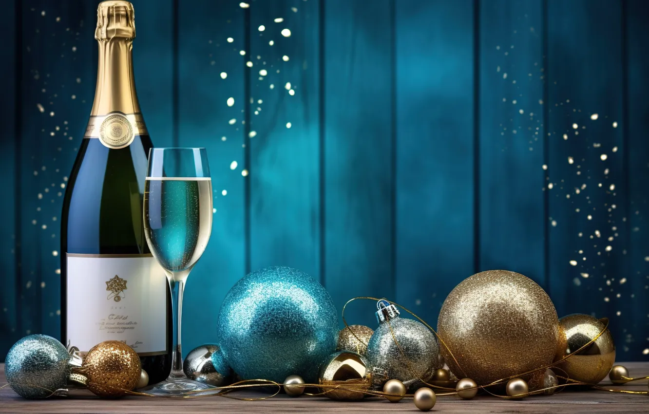 Photo wallpaper decoration, gold, balls, glass, new year, golden, champagne, Christmas