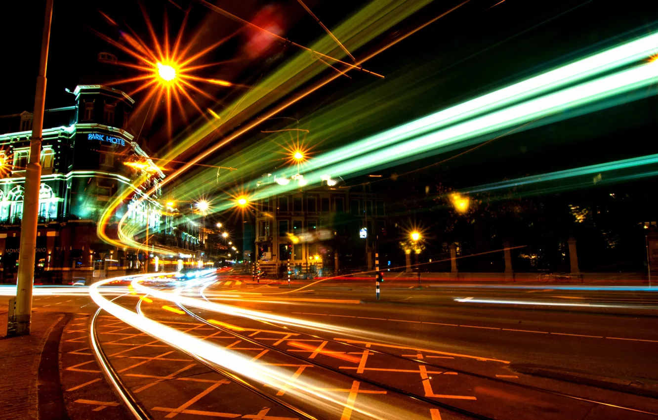 Photo wallpaper night, movement, excerpt, Amsterdam, Netherlands, night, Amsterdam, traffic