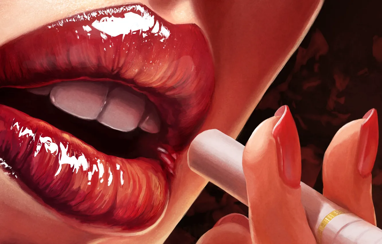 Photo wallpaper macro, Shine, hand, lipstick, art, cigarette, lips, red