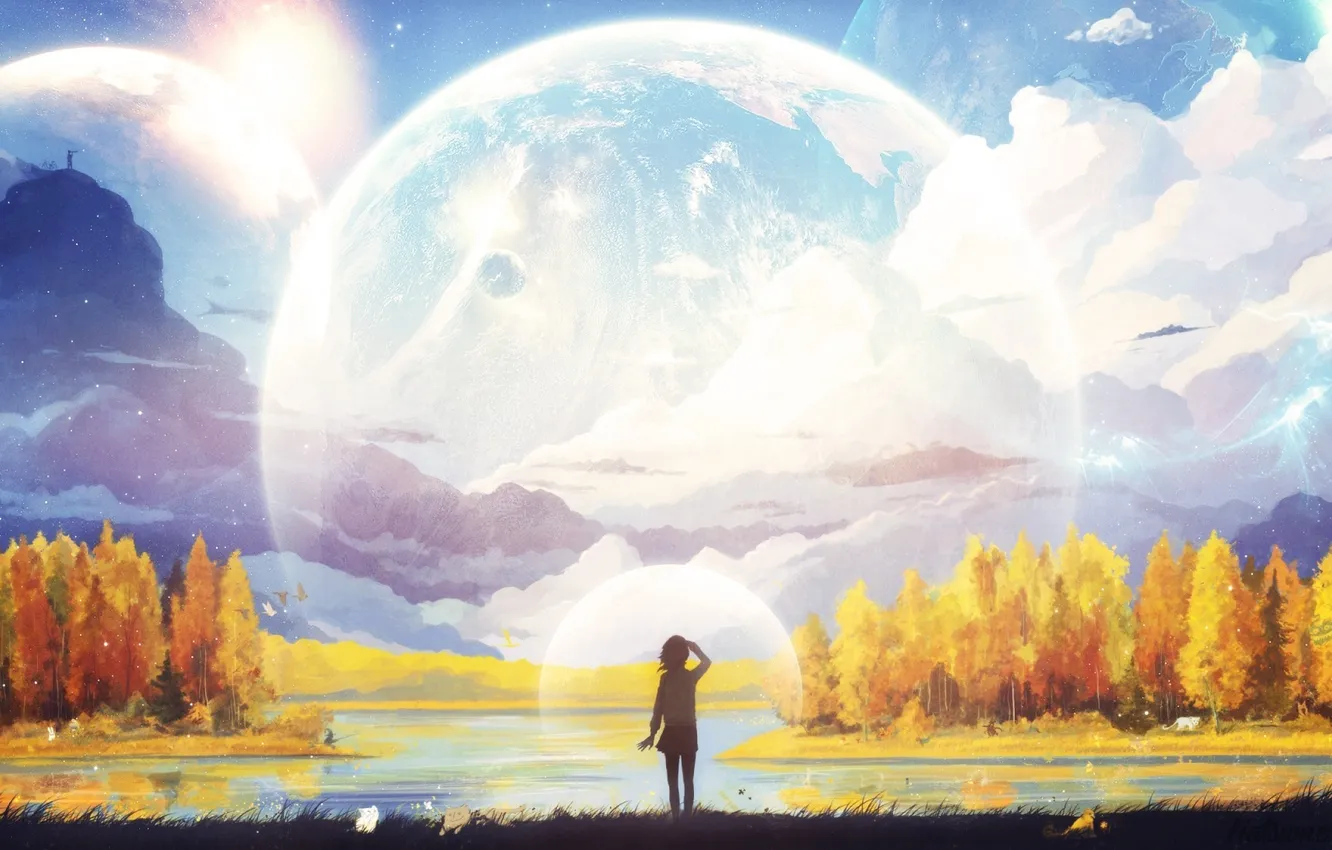Photo wallpaper autumn, girl, clouds, landscape, nature, photoshop, anime, art