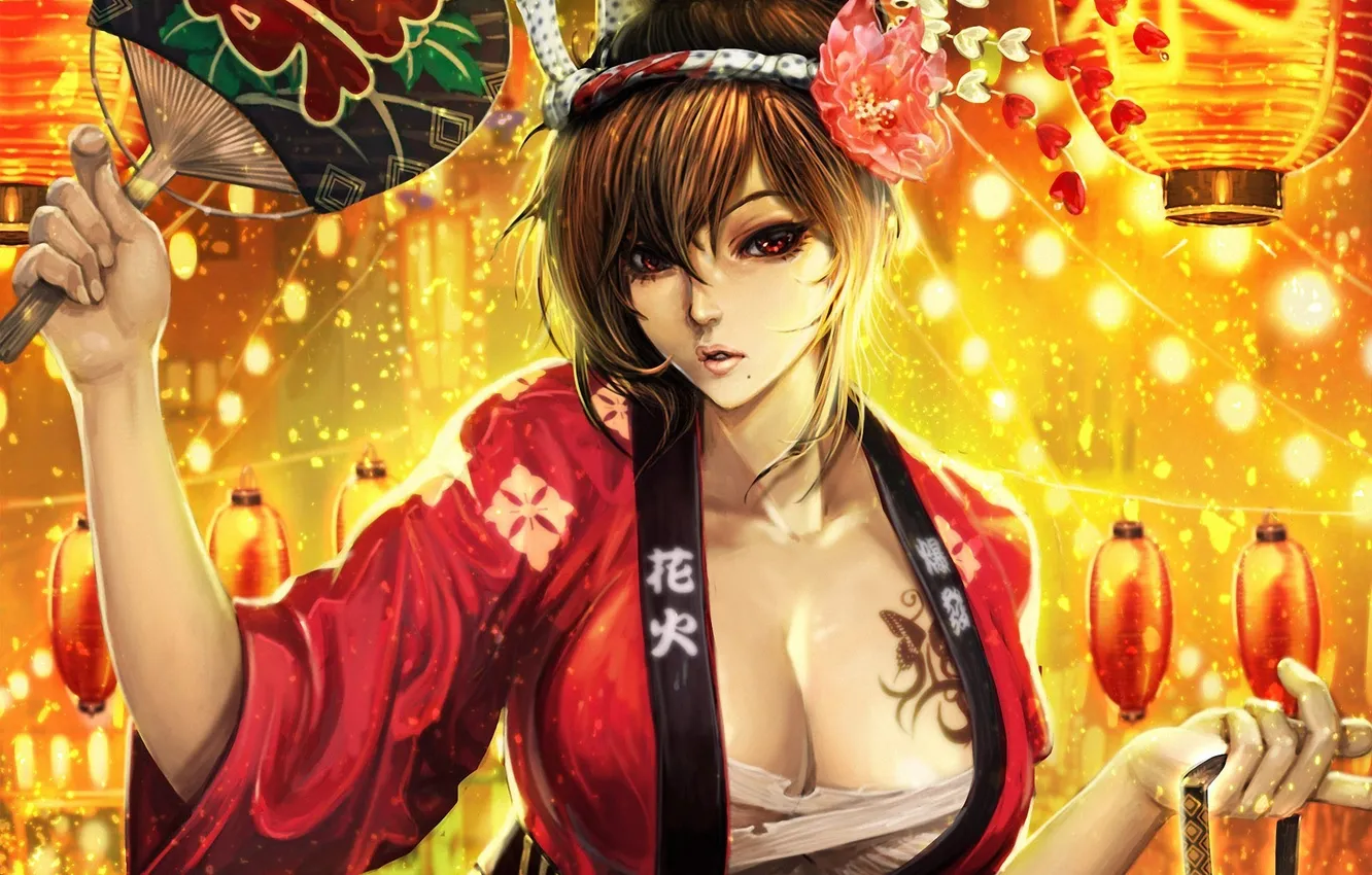 Photo wallpaper tattoo, fan, art, lights, devuschka