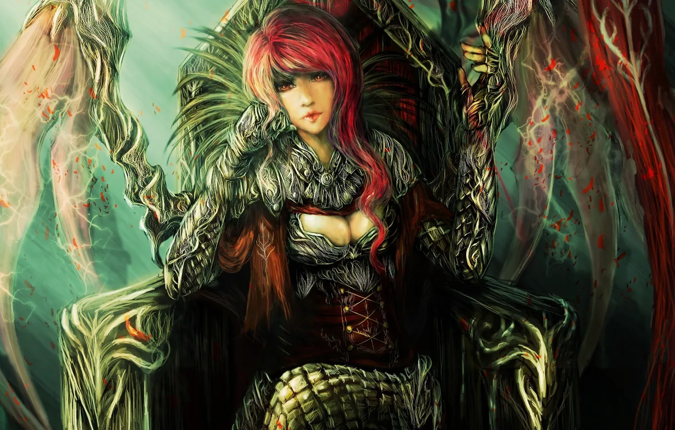 Photo wallpaper girl, wings, art, the throne, sitting