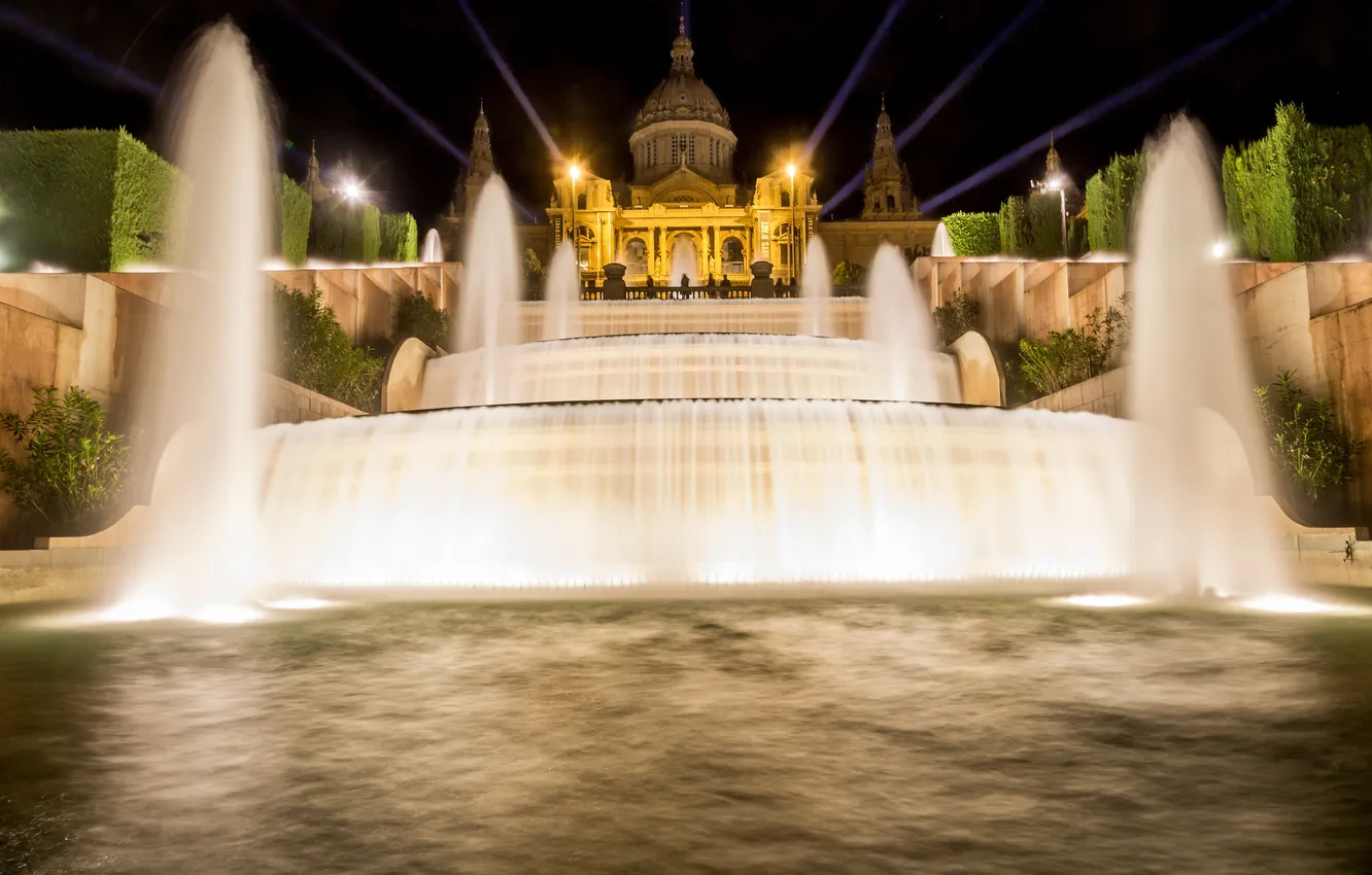 Photo wallpaper night, lights, fountain, Museum, Spain, cascade, Palace, Barcelona