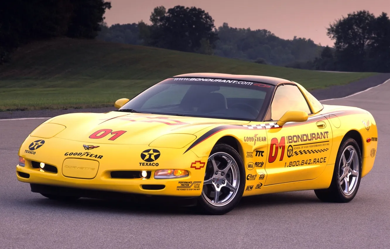 Photo wallpaper road, trees, yellow, background, Corvette, Chevrolet, supercar, Chevrolet