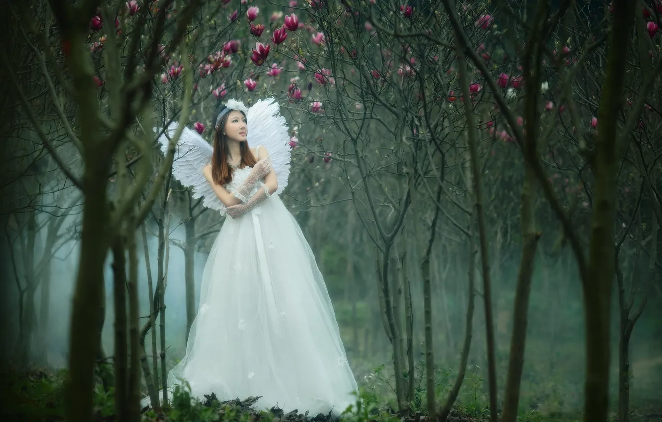 Photo wallpaper girl, angel, garden