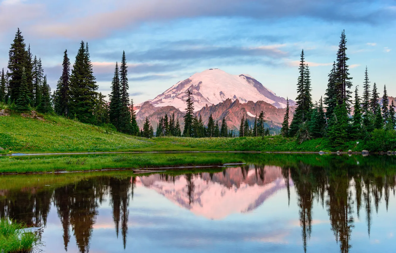 Photo wallpaper snow, trees, mountains, nature, lake, reflection, tree, spruce