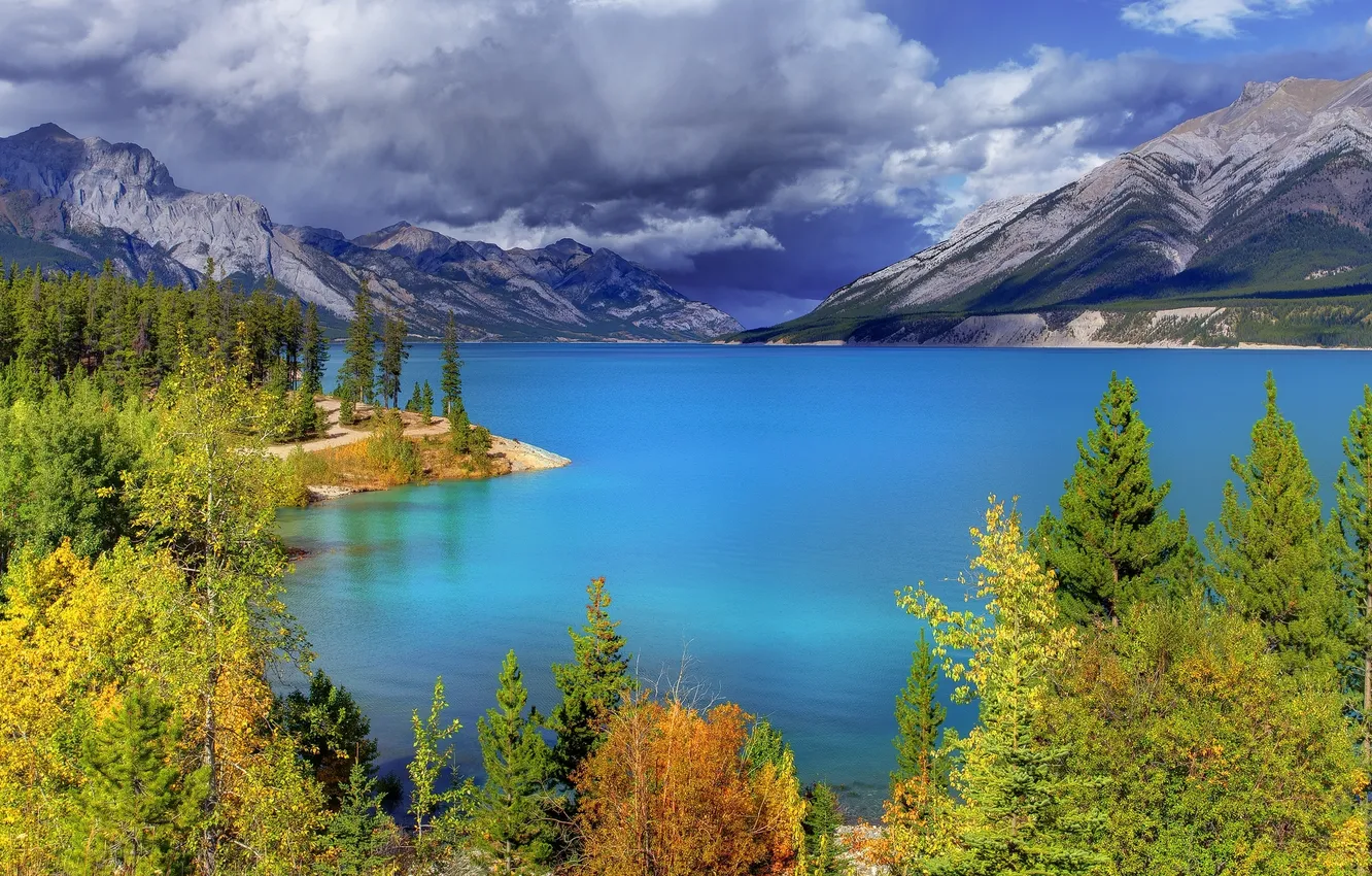 Photo wallpaper the sky, clouds, mountains, lake, Forest