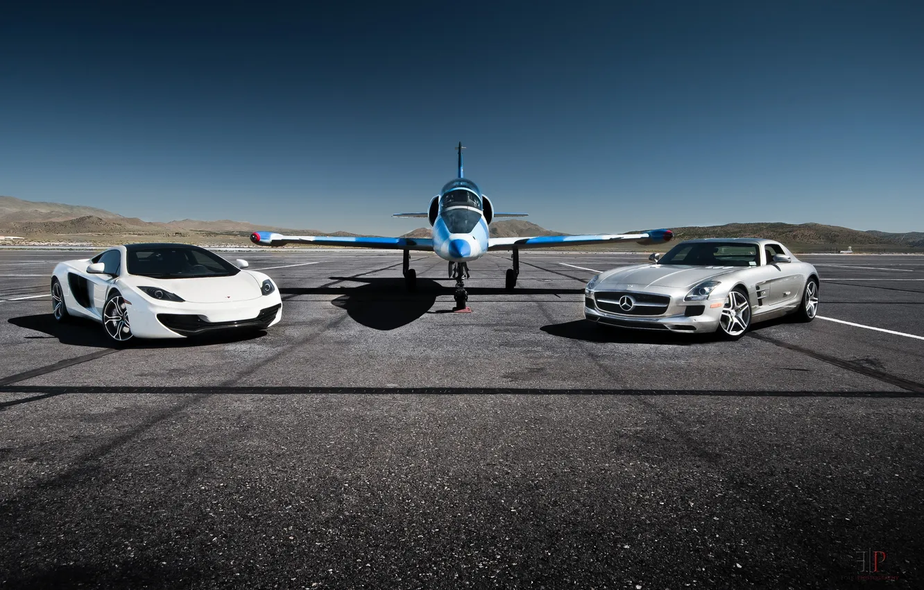 Photo wallpaper McLaren, fighter, the plane, Mercedes, Mercedes SLS, MP4-12C, Supercar, auto wallpaper