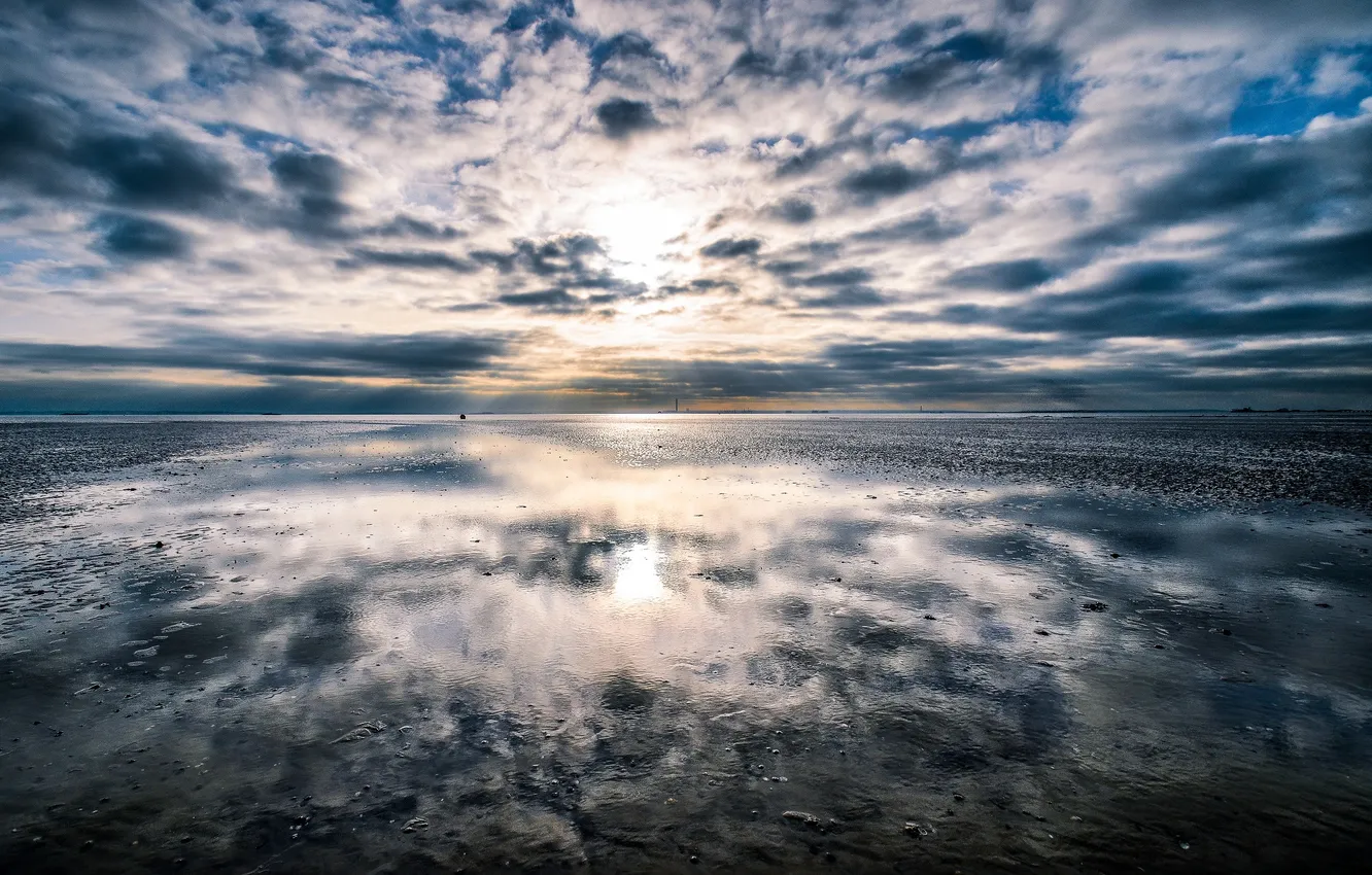 Photo wallpaper sea, the sun, clouds, horizon, tide