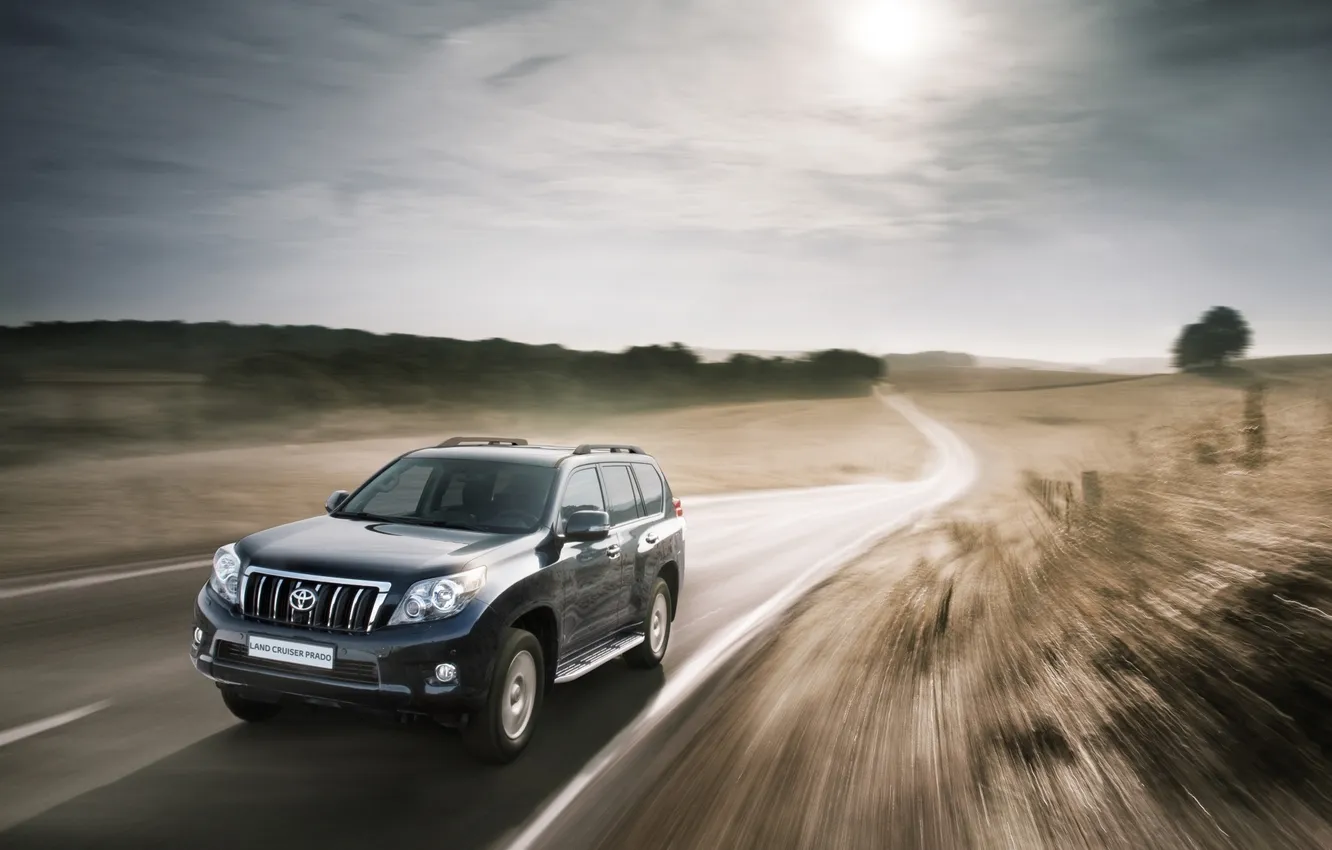 Photo wallpaper road, field, the sky, the sun, trees, jeep, SUV, Toyota