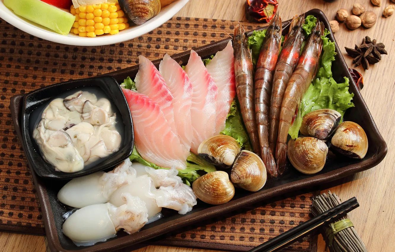 Photo wallpaper fish, shrimp, seafood, Japanese cuisine, meals, squid, star anise, cuts