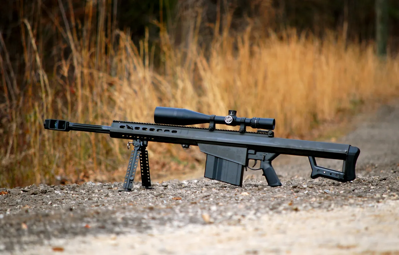 Photo wallpaper grass, gravel, rifle, sniper, heavy, Barrett M82, self-loading